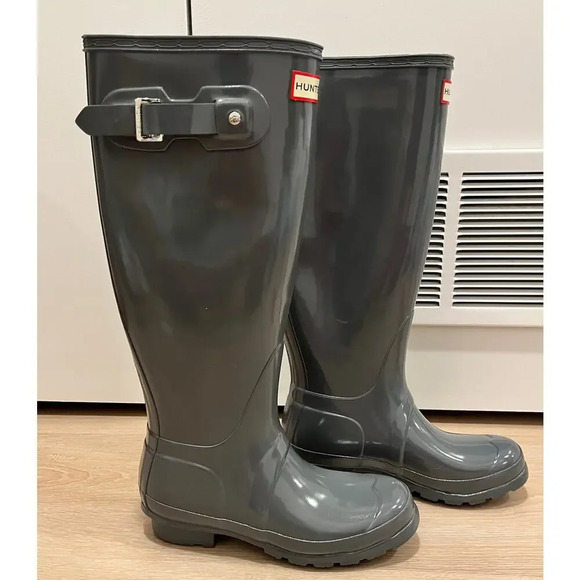 shiny gloss grey knee high tall hunter rain boots adjustable back, size 5/36 - Picture 1 of 4